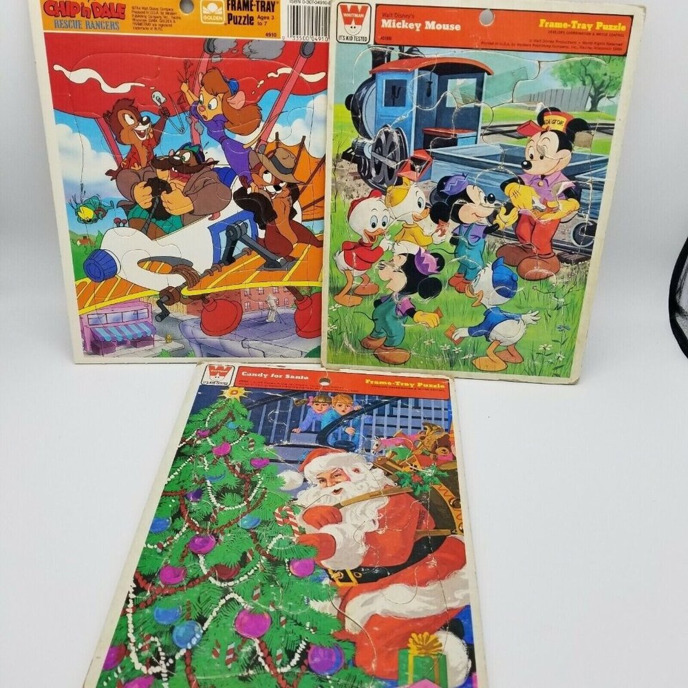 Lot of 3‎ VTG Disney Golden Frame Tray Puzzles: Chip'n Dale,Mickey Mouse,Santa